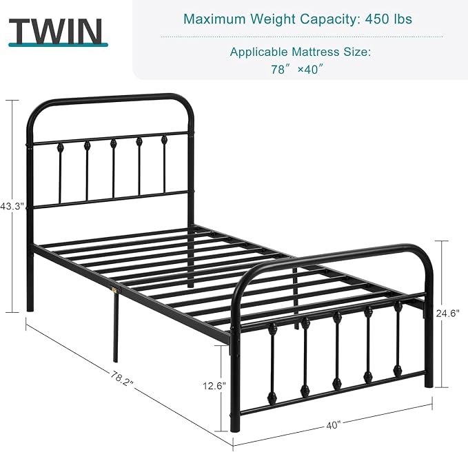 VECELO Black Metal Bed Frame Twin Size with Vintage Headboard and Footboard, No Box Spring Needed, Premium Stable Steel Slat Support Mattress Foundation