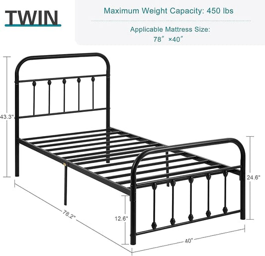 VECELO Black Metal Bed Frame Twin Size with Vintage Headboard and Footboard, No Box Spring Needed, Premium Stable Steel Slat Support Mattress Foundation