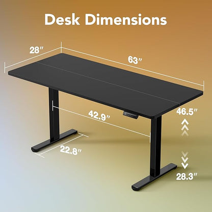 HUANUO 63x28 Inch Electric Standing Desk, Height Adjustable, Black | Smooth Home Office Desk, 176lbs Capacity with 4 Memory Presets & Headphone Hooks. Easy to assemble Computer Gaming desk