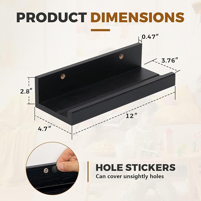 Muzilife 12" Small Floating Wall Ledge Shelves with Lip - Set of 4 Wood Floating Shelves - Black Wall Mounted Picture Ledge for Office, Bathroom, Bedroom, Living Room, Kitchen