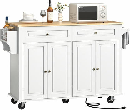 Hlivelood 55" Movable Kitchen Island with Drop Leaf and Power Outlet, Rolling Island Cart w/Storage Cabinet, Island Table on Wheels for Kitchen w/2 Drawers, Spice Rack, Towel Bar, Garage Hook, White