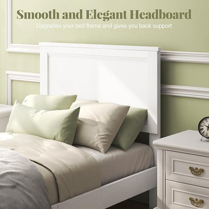 Wood Bed Frames with Headboard, Mid Century Bed Frame with Solid Wood Legs & Wooden Slat Support, Mattress Foundation Bed Base, No Box Spring Needed, (White, Twin)
