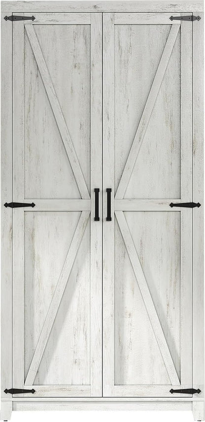 LUXOAK 70" Large Armoire Wardrobe Closet with Hanging Rod, Farmhouse Clothing Storage Cabinet with 2 Barn Doors, Wooden Tall Bedroom Armoires with Shelf, Distressed White