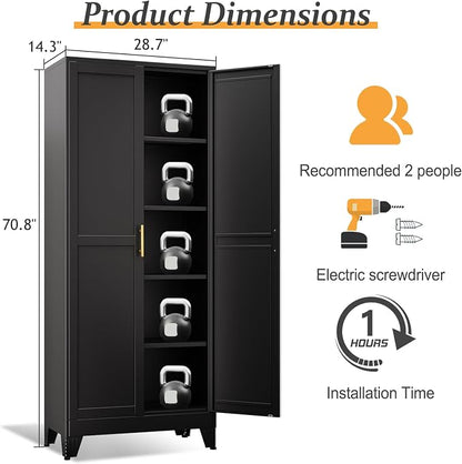 Black Pantry Storage Cabinet, 71" Metal Kitchen Pantry Storage | Steel Storage Cabinets with Doors and 4 Adjustable Shelves, Metal Storage Cabinet, for Office, Home, Garage, School