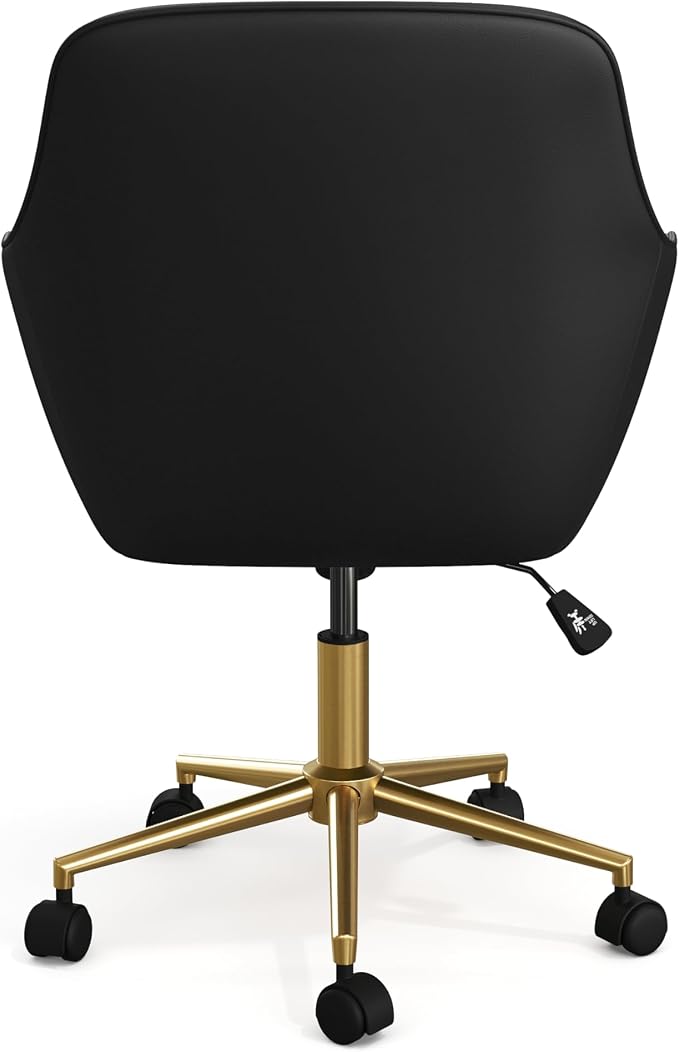 Martha Stewart Rayna Swivel Task Chair with Flared Arms for Home Office in Black Faux Leather with Polished Brass Frame