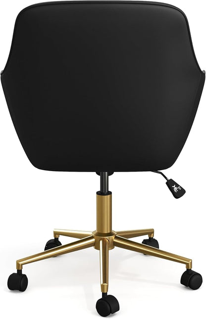 Martha Stewart Rayna Swivel Task Chair with Flared Arms for Home Office in Black Faux Leather with Polished Brass Frame