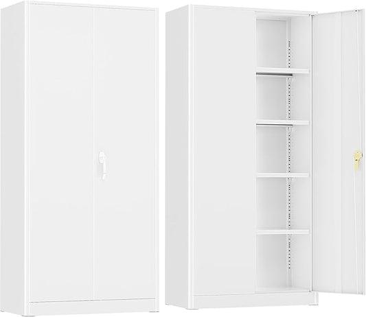 Crownland 72" Lockable Metal Storage Cabinet, Garage Storage Cabinets, High Office Cabinet with Adjustable Shelves for Garage, Home Office,Pantry, File(White)