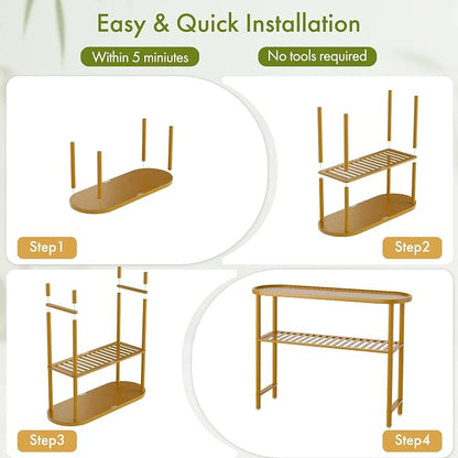 Bamboo Foyer Table for Entryway 39.4", Farmhouse Entryway Table for Hallway Oval Top, Sofa Console Table with Anti-fall Edge, TV Stand for Living Room, Indoor Plant Stand, 5min Easy Assembly, Walnut