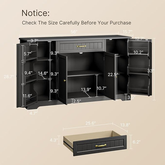Gizoon 56" Kitchen Coffee Bar Cabinet with Storage Kitchen Sideboard Buffet Cabinet with Drawers, Short Pantry with Door and Shelves for Bathroom and Living Room, Black