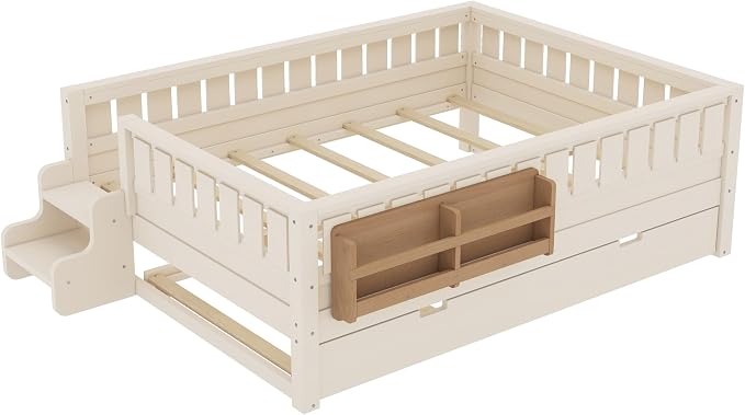 Bellemave Full Kids Montessori Bed with Stairs, Bookshelf and Trundle, Solid Wood Kids Bed Frame with Storage for Boys Girls, Low Profile,Beige