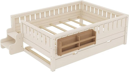 Bellemave Full Kids Montessori Bed with Stairs, Bookshelf and Trundle, Solid Wood Kids Bed Frame with Storage for Boys Girls, Low Profile,Beige