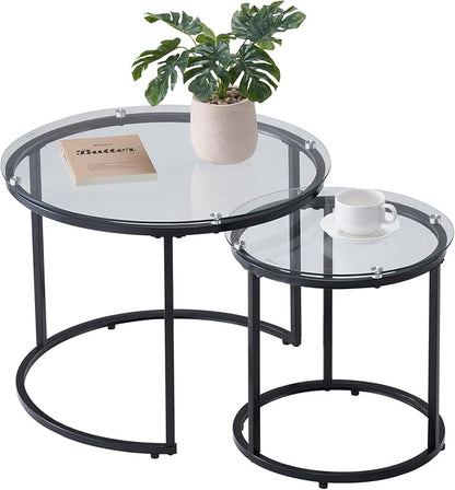 VEVOR Nesting Coffee Table Set of 2, 23.6 in Round Coffee Table, Glass Nesting Tables for Small Place, Modern End Side Tables Night Stand with Metal Frame, for Living Room, Bedroom, Balcony, Office