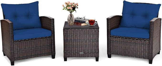COSTWAY 3PCS Patio Furniture Set, PE Rattan Wicker Sofa w/Washable Cushion and Coffee Table, Tempered Glass Tabletop, Outdoor Conversation Set for Balcony, Porch, Yard, Backyard, Lawn, Navy Blue