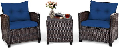COSTWAY 3PCS Patio Furniture Set, PE Rattan Wicker Sofa w/Washable Cushion and Coffee Table, Tempered Glass Tabletop, Outdoor Conversation Set for Balcony, Porch, Yard, Backyard, Lawn, Navy Blue