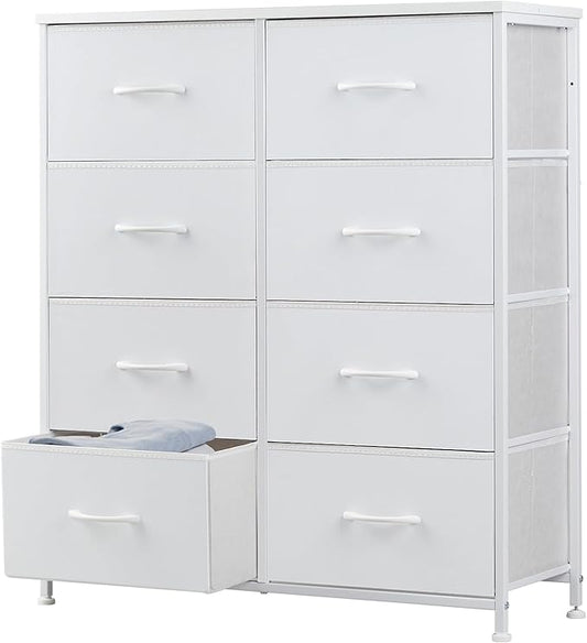 DUMOS Dresser for Bedroom with 8 Fabric Drawers, Tall Chest Organizer Units for Clothing, Closet, Kidsroom, Storage Tower with Cabinet, Metal Frame, Wooden Top, Lightweight Nursery Furniture, White
