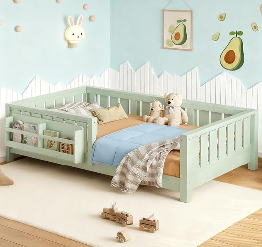 Bellemave Twin Size Floor Bed with high Rails and with Built-in Bookshelf for Kids, Girls, Boys, Wood Montessori Floor Bed Without Door, Avocado Green