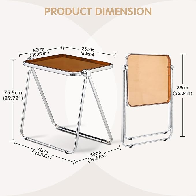 Acrylic Folding Table - Modern TV Tray Dinner Table for Eating on Couch - Small Folding Table Foldable Computer Desks Space-Saving with Chrome Frame No Assembly Required -Tawny