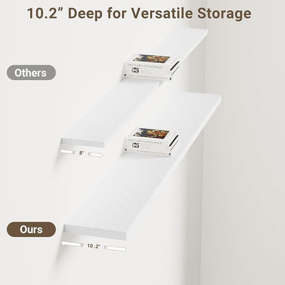 Vivelove 10 in Deep Floating Shelves for Wall, 55" x 10.2" x 1.5" Shelves for Room Wall Mounted, 1.5 Inch Thick Shelf for Bathroom Bedroom Kitchen Book Room, Modern Farmhouse Decor, Set of 2, White