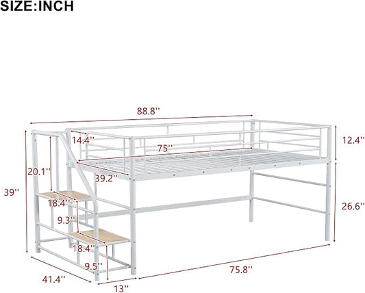 Twin Size Low Loft Bed for Kids,Metal Loft Bed Frame with Stair for Boys Girls,Kids Loft Bed Twin Size with Storage Steps,White