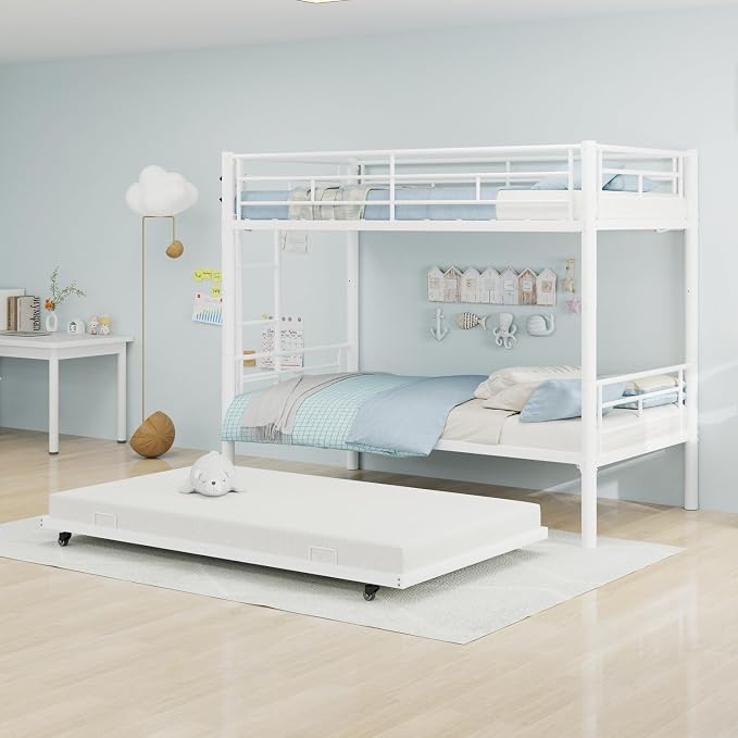 Metal Bunk Bed with Trundle, Space-Saving Bunk Bed Twin Over Twin with Ladders and Safety Guardrail, Heavy Duty Twin Bed Frames, No Box Spring Needed and Noise Free(White)