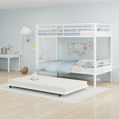 Metal Bunk Bed with Trundle, Space-Saving Bunk Bed Twin Over Twin with Ladders and Safety Guardrail, Heavy Duty Twin Bed Frames, No Box Spring Needed and Noise Free(White)