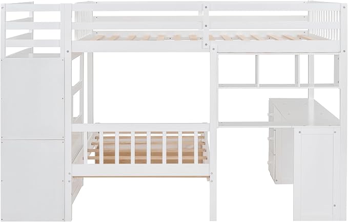 Merax Full Over Twin Bunk Bed with Desk, Drawers and Shelves, White
