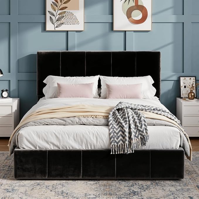 SHA CERLIN Full Size Bed Frame, Velvet Upholstered Platform Bed, Vertical Channel Tufted Adjustable Headboard, Low Profile Bed Frame, No Box Spring Needed, Easy Assembly, Black