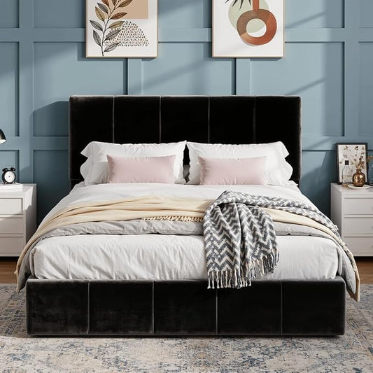 SHA CERLIN Full Size Bed Frame, Velvet Upholstered Platform Bed, Vertical Channel Tufted Adjustable Headboard, Low Profile Bed Frame, No Box Spring Needed, Easy Assembly, Black