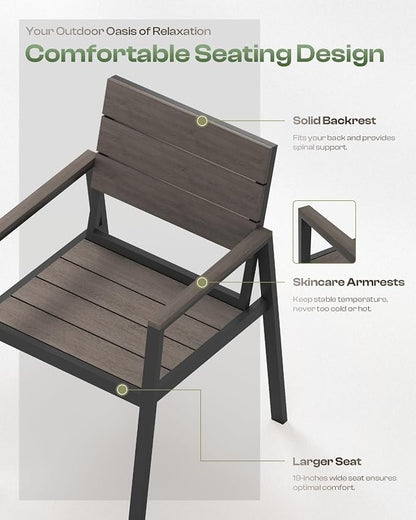 Outdoor Patio Dining Chairs Set of 2, 350LBS Capacity Aluminum Patio Dining Chairs with Armrests, Weather-Resistant for Lawn, Garden, Yard, Poolside and Indoor Use (Gray & Teak)