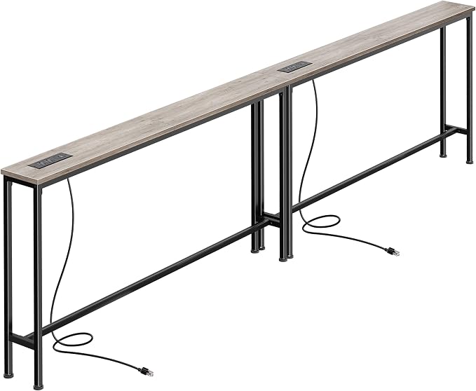 SUPERJARE 102.4 Inch Sofa Table with Power Outlets and USB-C Ports, 5.9 Inch Narrow Console Tables, Entryway Hallway Couch Tables with Storage, Behind Sofa, Small Spaces, Living Room, Oak