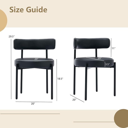 Faux Leather Dining Chairs Set of 2, Upholstered Kitchen and Dining Room Chairs, Mid-Century Modern Dining Chairs with Round Back and Black Metal Legs, Vegan Leather, Black