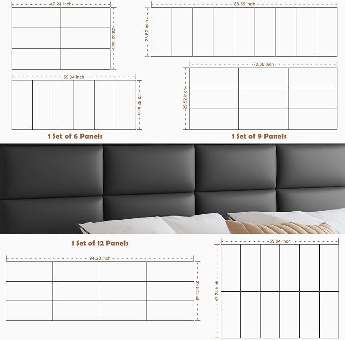 IFNOW Wall Mounted Upholstered Headboard King, 12 Panels 3D Peel and Stick Soundproof Wall Panels, Reusable and Removable Padded Headboard Leather Bed Headboard, 9.84" x 23.62", Black
