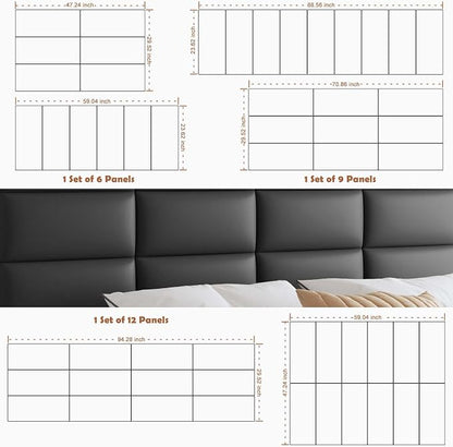 IFNOW Wall Mounted Upholstered Headboard King, 12 Panels 3D Peel and Stick Soundproof Wall Panels, Reusable and Removable Padded Headboard Leather Bed Headboard, 9.84" x 23.62", Black
