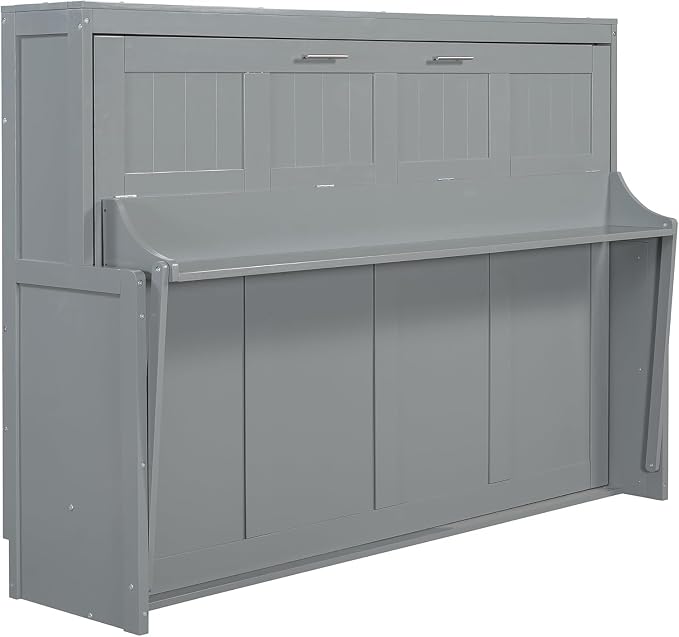 Virubi Full Horizontal Murphy Bed with Desk,Solid Wood Folding Hideaway Murphy Wall Bed for Adult,Guest Room (Grey,Full)