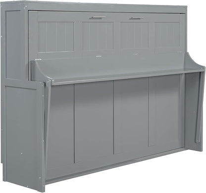 Virubi Full Horizontal Murphy Bed with Desk,Solid Wood Folding Hideaway Murphy Wall Bed for Adult,Guest Room (Grey,Full)