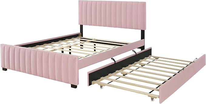 Ball & Cast Queen Bed Frame with Twin XL Size Trundle,Velvet Upholstered Platform Bed Frame Queen Size with Channel Tufted Headboard,Wood Slats Support,No Box Spring Needed,Easy Assembly,Pink