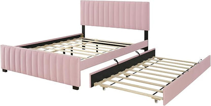 Ball & Cast Queen Bed Frame with Twin XL Size Trundle,Velvet Upholstered Platform Bed Frame Queen Size with Channel Tufted Headboard,Wood Slats Support,No Box Spring Needed,Easy Assembly,Pink