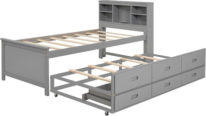 Merax Twin Size Platform Bed with Storage Headboard, USB, Wood Bedframe with Twin Size Trundle and 3 Drawers, Grey