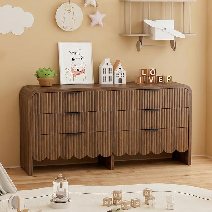 59" Scalloped Walnut Dresser for Bedroom,Fluted 6 Drawer Dressers, Chest of Drawers Espresso Dresser for Nursery and Kids Room, Living Room,TV Stand