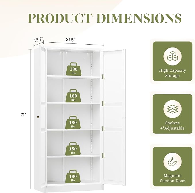RAVIGIN Metal Storage Cabinet,71" H Pantry Cabinet with 2 Doors and 5 Adjustable Shelves,6 Tier Tall Kitchen Storage Cabinets for Kitchen,Pantry,Living/Study/Laundry Room(White)