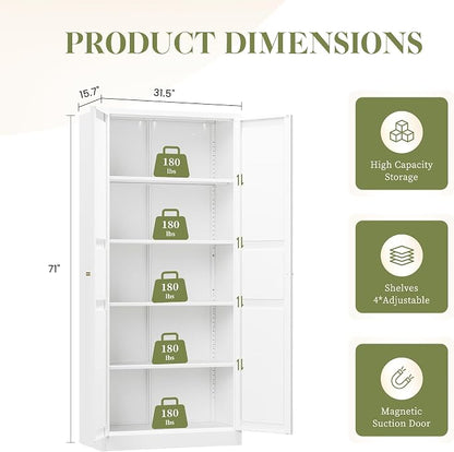 RAVIGIN Metal Storage Cabinet,71" H Pantry Cabinet with 2 Doors and 5 Adjustable Shelves,6 Tier Tall Kitchen Storage Cabinets for Kitchen,Pantry,Living/Study/Laundry Room(White)
