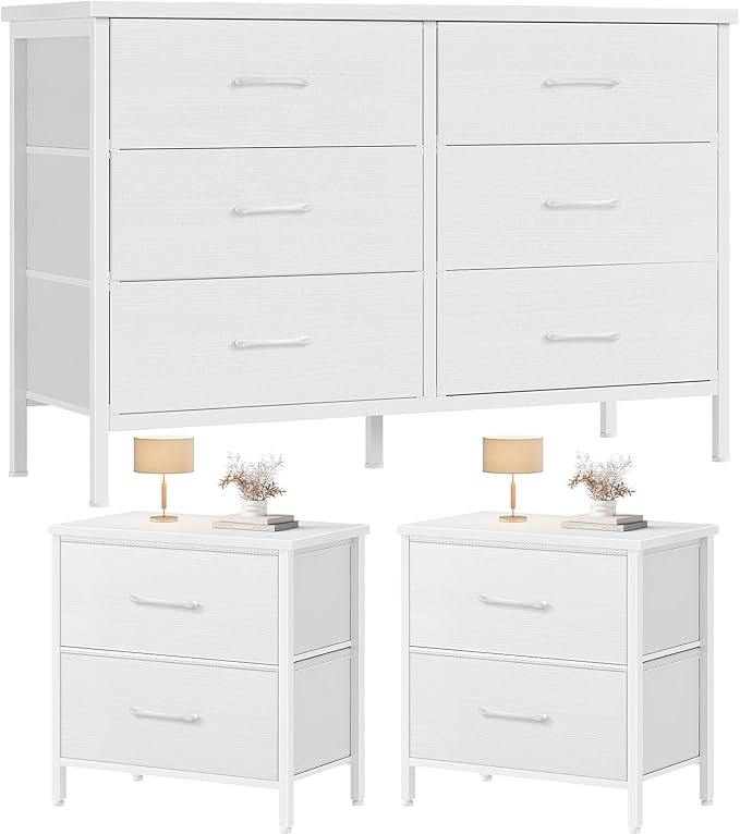 Bedroom Sets Nightstand Set 3 Piece White with 6 Fabric Drawers Modern
