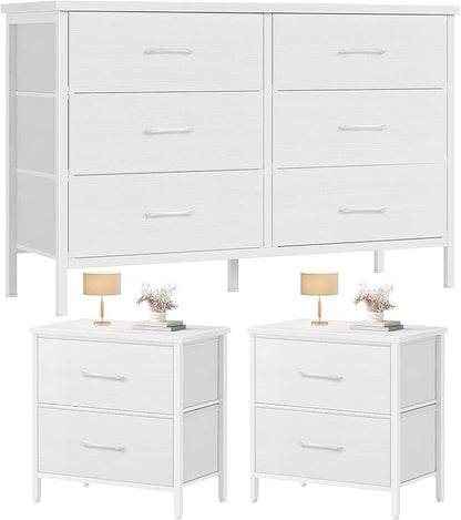 Bedroom Sets Nightstand Set 3 Piece White with 6 Fabric Drawers Modern