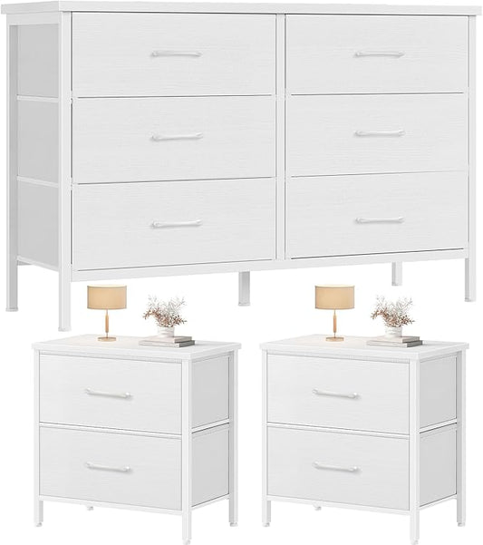 Bedroom Sets Nightstand Set 3 Piece White with 6 Fabric Drawers Modern