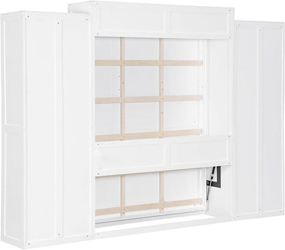 Queen Murphy Bed with Storage Wardrobes, Drawers and Drop-Down Desk | Space-saving wall bed with top LED lights, 500 lbs capacity and recommended 8-inch mattress fit for guest rooms or offices