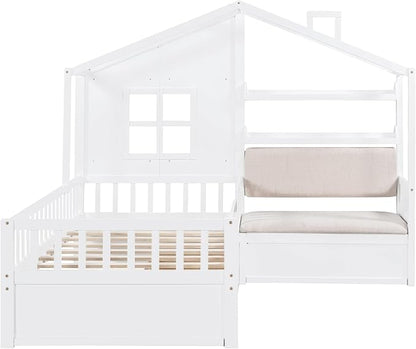 Merax Twin Size House Bed with Upholstered Sofa Seat, White L-Shape Wooden Platform Bed Frame with Two Drawers and Storage Shelf