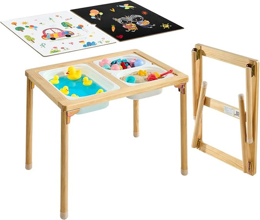 VEVOR Sensory Table for Toddlers, Foldable Wooden Kids Activity Table with Double-Sided Board, Storage Bins, and Non-Slip Feet, for Boys and Girls Playing Sand and Water, Drawing, Studying, Dining