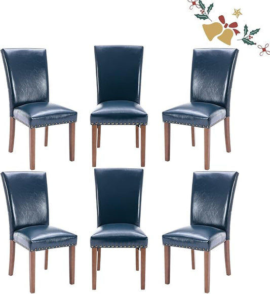 Parsons Dining Chairs Set of 6, Upholstered Nailhead PU Leather Dining Room Kitchen Side Chair with Thick Cushions and Wood Legs, Blue