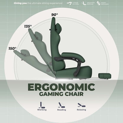 GTPLAYER Gaming Chair with Pocket Spring Cushion, Big and Tall Gamings Chairs 350LBS High Back Computer Chair with Footrest for Adults Lumbar Support Swivel Game Chair for Office, Leather Green