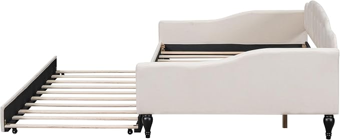 Merax Daybed with Trundle, Full Size Solid Wood Sofa Bed Frame, Upholstered Tufted Daybed for Living Room, Bedroom and Guest Room, Beige